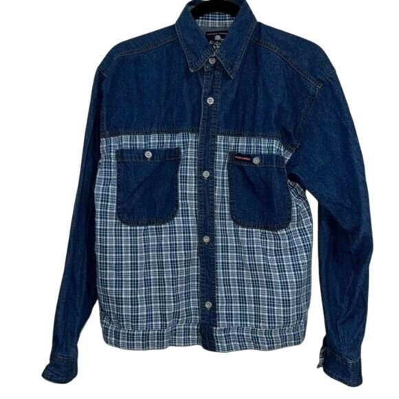 Western Cowboy Denim & Plaid Long Sleeve Shirt Size 18 - Picture 1 of 8